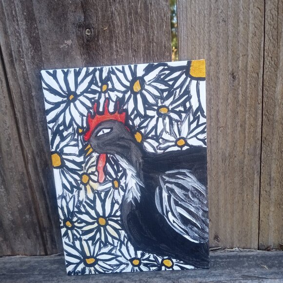 Hand Crafted Other - Chicken In The Daisies Painting Original Painting Folk Art